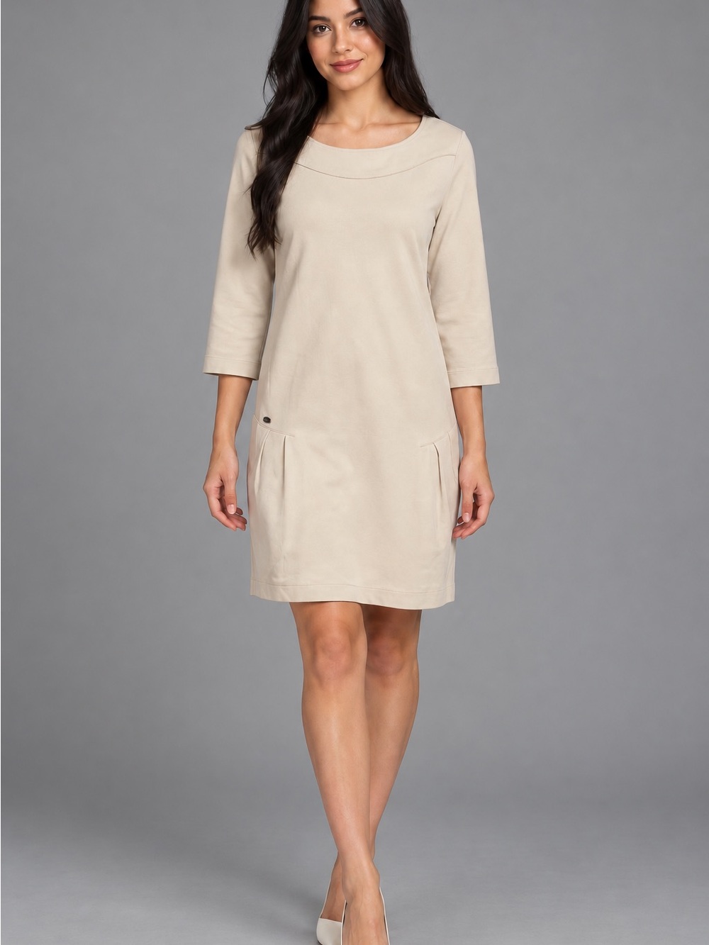 Lacoste Beige Scoop-Neck Mini Dress with 3/4 Sleeves